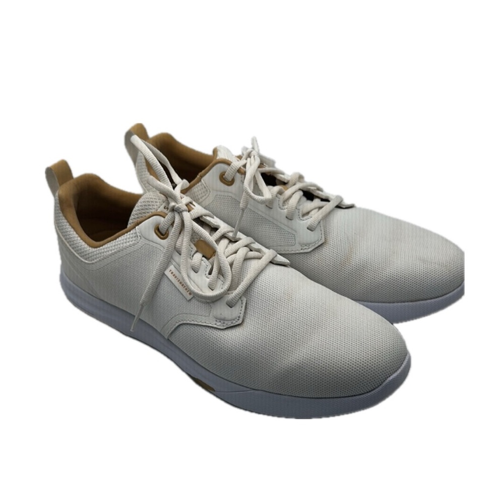 Travis Mathew Sz 11 The Daily Pro White and Tan Sneakers Minimalist‎ Design